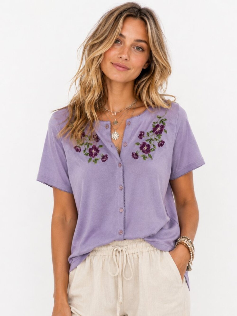 BonWorth Floral Top Womens Size S Button Embroidered Cottagecore Artsy Retro‎